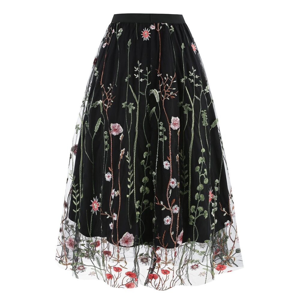 4924 Vintage Floral Embroidered Tulle Midi Skirt 50s Party Elastic High